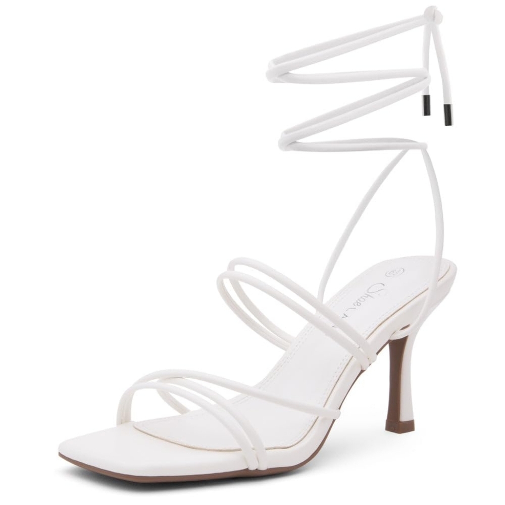 Elegant White Strappy Stiletto Heels, 10